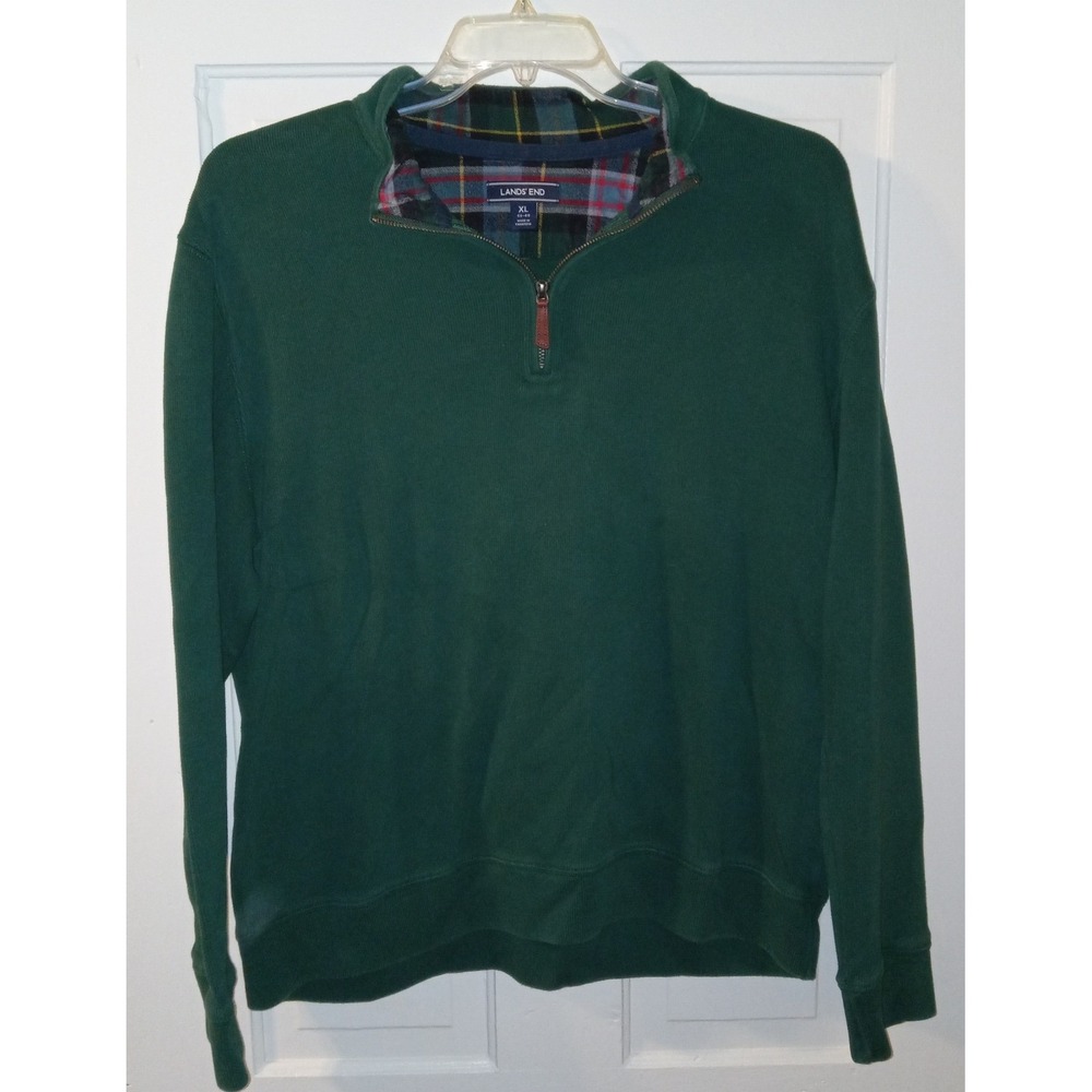 Lands End Quarter Zip Pullover Mens XL Green Plaid Lined Cotton Sweater